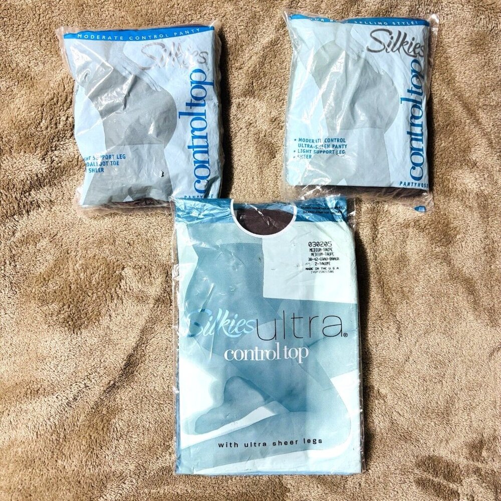 Silkies Pantyhose Medium Taupe Lot 3 Control Top NOS